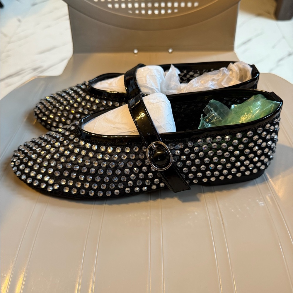 Black mesh flats covered in rhinestones size 7.5